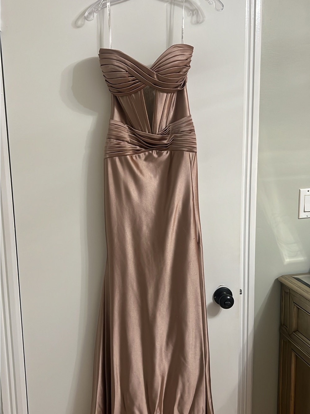 Sherri Hill Strapless Satin Gown in Rose Gold